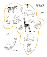 African animals map vector hand drawn illustrations line set.