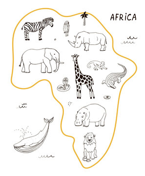 African animals map vector hand drawn illustrations line set.