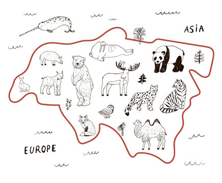 eurasia continent world animals map hand drawn vector illustrations line set