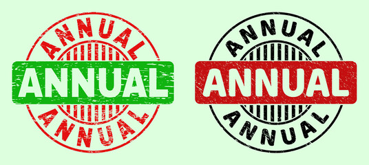 ANNUAL bicolor round imprints with scratched surface. Flat vector distress stamps with ANNUAL caption inside round shape, in red, black, green colors. Round bicolor stamps.