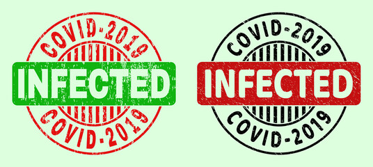 COVID-2019 INFECTED bicolor round rubber imitations with grunged surface. Flat vector grunge seal stamps with COVID-2019 INFECTED text inside round shape, in red, black, green colors.