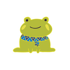 Isolated vector colorful illustration of adorable cartoon green frog with blue scarf