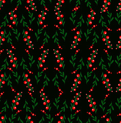 Fototapeta na wymiar Christmas pattern with berries on black background