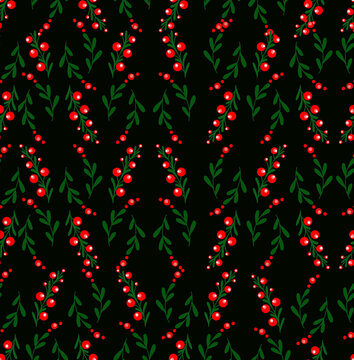 Christmas Pattern With Berries On Black Background