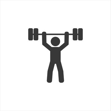 Strong bodybuilder sportsman lifting heavyweight barbell over his head icon, design flat vector 