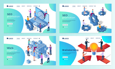 Obraz premium A set of landing page templates. SEO promotion, Brainstorming .Templates for use in mobile app development.Flat vector illustration.