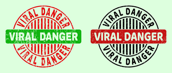 VIRAL DANGER bicolor round watermarks with corroded surface. Flat vector grunge seal stamps with VIRAL DANGER message inside round shape, in red, black, green colors. Round bicolor seal stamps.
