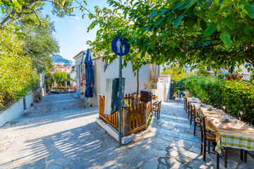 Colorful street view in Plaka District of Athens.