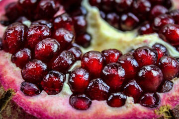 Close up of pomegranate seed. Open pomegranate fruit where ripe red pomegranate seeds are seen. Fruit pomegranate. Macro.