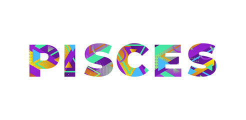 Pisces Concept Retro Colorful Word Art Illustration