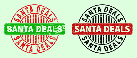 SANTA DEALS bicolor round watermarks with unclean texture. Flat vector distress seal stamps with SANTA DEALS message inside round shape, in red, black, green colors. Round bicolor seal stamps.