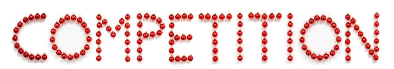 Red Christmas Ball Ornament Building English Word Competition. Festive Christmas Decoration. White Isolated Background