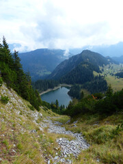 Fototapeta na wymiar Ruchenköpfe mountain at Soinsee lake, Mangfall, Bavaria, Germany