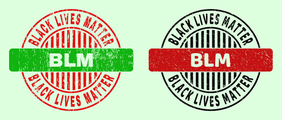 Obraz premium BLM bicolor round watermarks with scratched surface. Flat vector scratched watermarks using BLM title inside round shape, in red, black, green colors. Round bicolor seal stamps.
