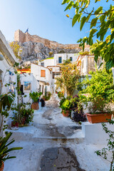 Colorful street view in Plaka District of Athens.