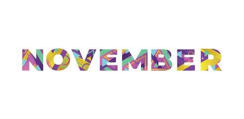 November Concept Retro Colorful Word Art Illustration