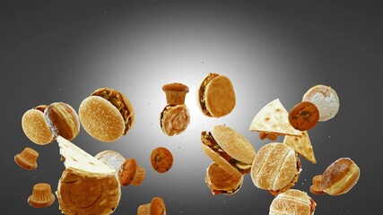 Flying of hamburger, slices of pizza and sweets or Junk Food in teal Background. Speed up and falling down junk food with green screen. Two different speed. Professional slow motion 4K animation.