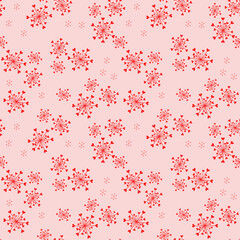 Obraz premium Vector seamless pattern with abstract snowflakes and tiny hearts. Doodle style minimalist background. Subtle red and pink texture. Elegant repeat design for decor, print, textile, wallpapers, wrapping