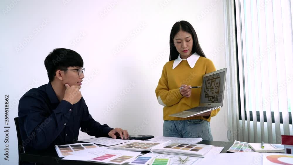 Aufkleber team designer working graphic with color chart on new project with work tools and equipment at workp