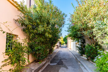 Colorful street view in Plaka District of Athens.