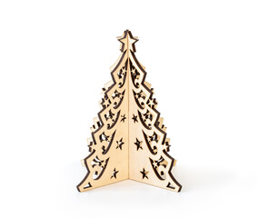 Wooden christmas tree isolated on white background.