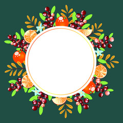 Beautiful round frame with berries and oranges. Vector.