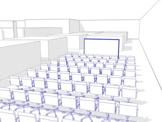 Abstract 3d illustration of a conference - presentation area in an exhibition hall. Blue color outlined armchairs in a white background with shadows. 