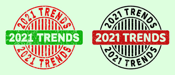 2021 TRENDS bicolor round watermarks with scratched texture. Flat vector grunge watermarks with 2021 TRENDS phrase inside circle, in red, black, green colors. Round bicolor watermarks.