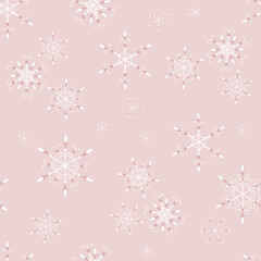 Subtle snowflakes seamless pattern. Elegant vector Christmas and New Year background with snow, snowflakes. Winter holidays theme. Vintage style. Soft pink and white color. Repeat decorative design