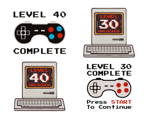 Happy 40th and 30th birthday graphic tee design set for T-Shirts, posters, prints. Retro video gamers controller and quote - level 40 unlocked. Funny illustration for birthday decor. Stock
