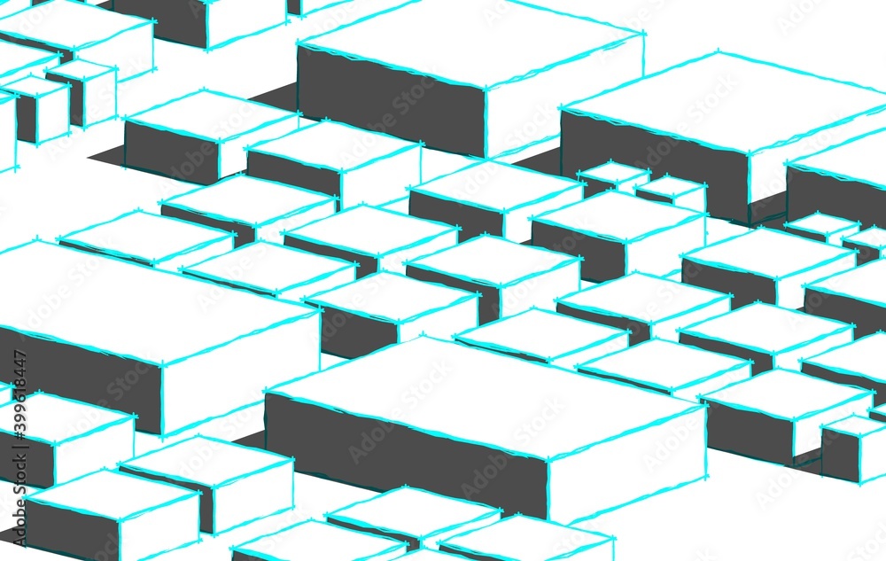 Poster abstract 3d illustration texture background with cyan color outlined white rectangular blocks in dif