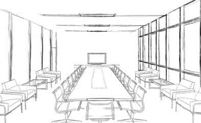 3d illustration of a big meeting room in an office. Black and grey colored drawing in hand sketch style.