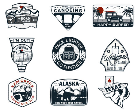 Vintage hand drawn travel badges set. Camping labels concepts. Mountain expedition logo designs. Retro camp logotypes collection. Stock outdoor patches isolated. Silhouette