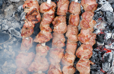 Obraz na płótnie Canvas Delicious grilled pork meat in BBQ Barbecue with pork meat. Kebabs on the grill. Close-Up Of Meat On Barbecue Grill With Smoke.
