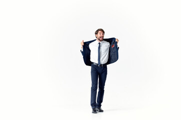 Obraz premium successful business man gesturing with hands and classic suit tie full length model