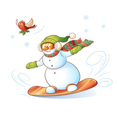 Vector Snowman riding snowboard. Illustration on white background.