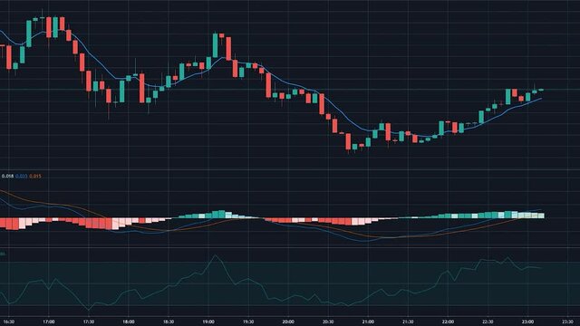 Animation of growing stock market, forex, cryptocurrency. Accelerated candlestick chart with MACD and SMA indicator