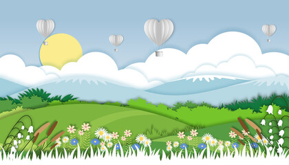 Obraz premium Vector illustration.Paper cut style of field landscape in summer time, Paper art spring landscape with blue sky and hot air balloons heart flying, panorama flat cartoon for, Eco environmental
