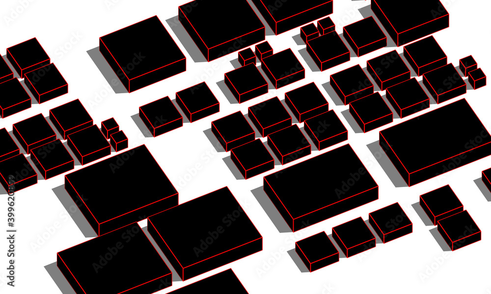 Poster abstract 3d illustration texture background with red color outlined black rectangular cubes in diffe
