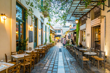 Colorful street view in Plaka District of Athens.