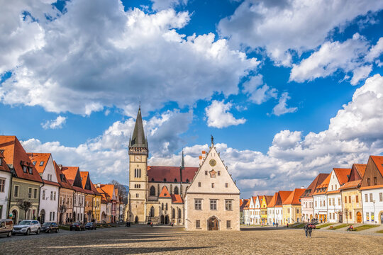 Beautiful old Bardejov with church and main square in Slovakia