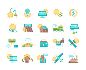 Solar panel colored icon set. Sun power photovoltaic PV home system and renewable electric energy technology editable stroke line signs house, cell, battery, vehicle, aircraft and spacecraft, ship