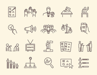 Simple, black and white voting and election icons set. Collection of linear simple web icons. Form, online voting, debate, candidate rating, vote count and others. Editable vector stroke.