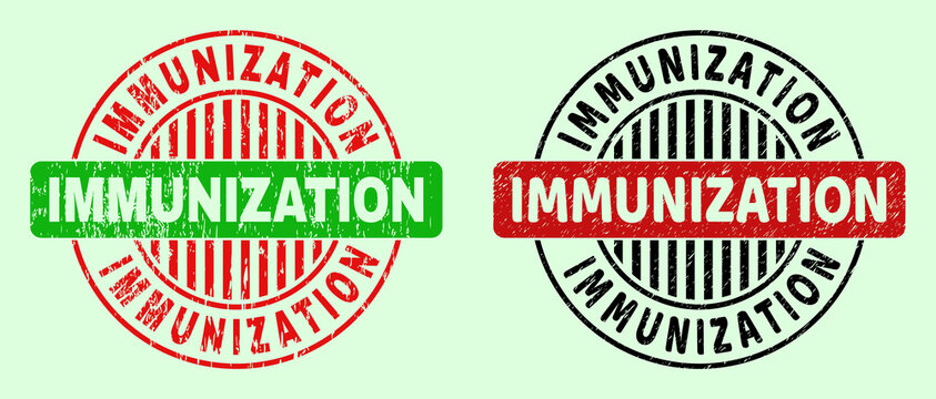 IMMUNIZATION bicolor round watermarks with corroded style. Flat vector textured watermarks with IMMUNIZATION title inside round shape, in red, black, green colors. Round bicolor seal stamps.