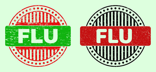 FLU bicolor round imprints with grunge texture. Flat vector textured seal stamps with FLU phrase inside circle, in red, black, green colors. Round bicolor seal stamps.