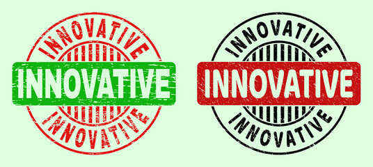 INNOVATIVE bicolor round watermarks with unclean style. Flat vector distress stamps with INNOVATIVE title inside round shape, in red, black, green colors. Rounded bicolor stamps.