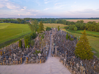 Hill of Crosses, a shrine in Lithuania, a place of pilgrimage. View from a drone.