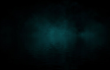 Obraz premium Dramatic dark background. Reflection of light on the water. Smoke Fog, rays, the moon. Empty night scene, landscape, river, clouds. 