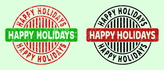 HAPPY HOLIDAYS bicolor round imprints with scratched style. Flat vector textured seal stamps with HAPPY HOLIDAYS text inside round shape, in red, black, green colors. Round bicolour seal stamps.