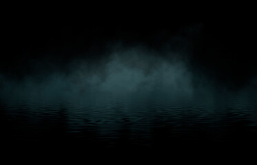 Dramatic dark background. Reflection of light on the water. Smoke Fog, rays, the moon. Empty night scene, landscape, river, clouds. 